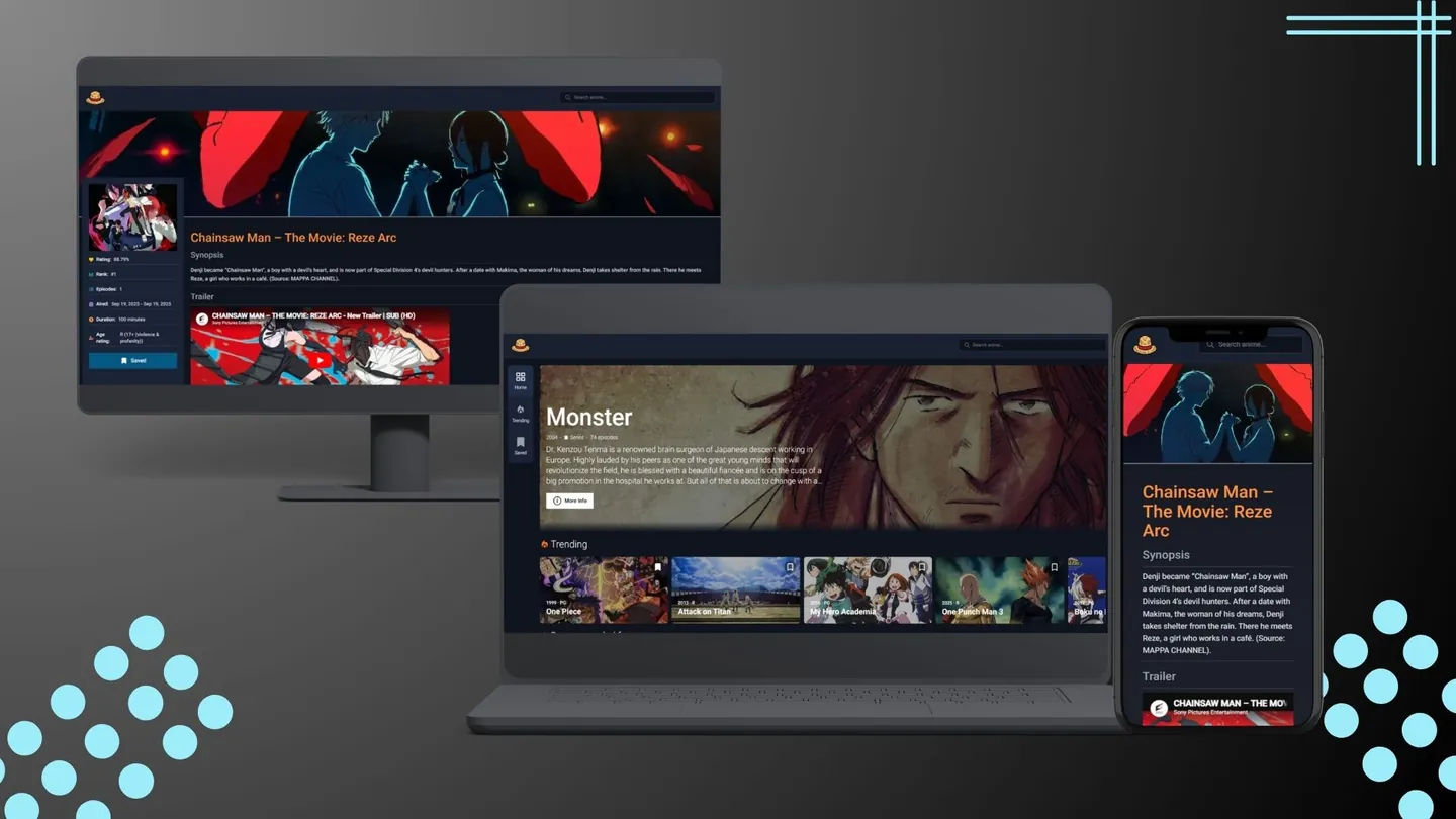 Nimelist on a desktop, a laptop and a phone. The desktop and phone show the detail page for Chainsaw Man: The Movie, Reze Arc with its synopsis, stats and trailer. The laptop shows the home page with a Monster banner and a Trending row of anime posters.