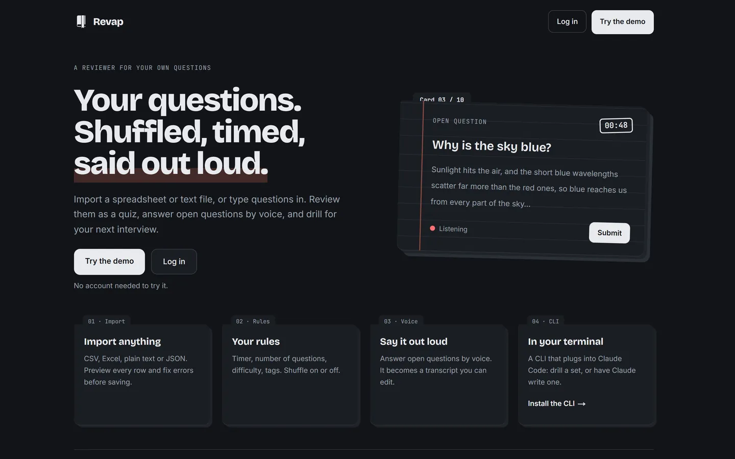 Revap landing page in dark theme with the headline 'Your questions. Shuffled, timed, said out loud.' beside a tilted index card showing an open question and a 48-second timer.