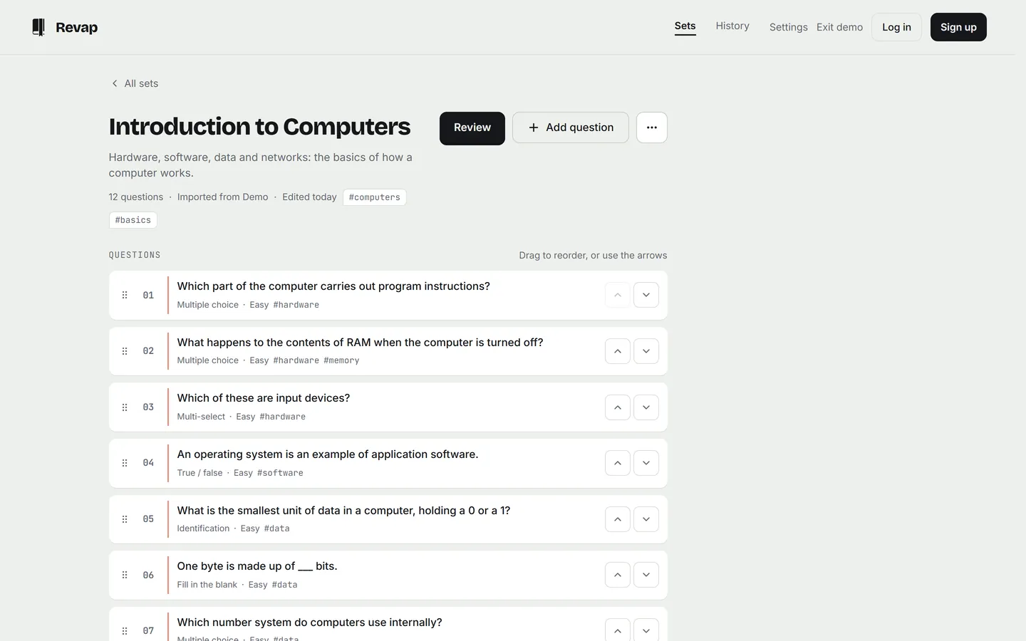 The Introduction to Computers set showing a numbered list of questions, each labelled with its type, difficulty and tags, with up and down arrows for reordering.