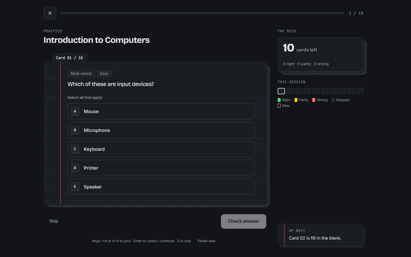 A dark-theme review session on card 1 of 10, a select-all-that-apply question asking which items are input devices, with a deck panel showing 10 cards left.