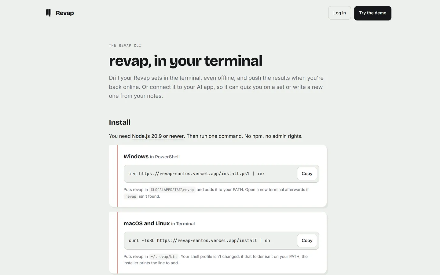 The 'revap, in your terminal' page with one-line install commands for Windows PowerShell and for macOS and Linux, each with a copy button.